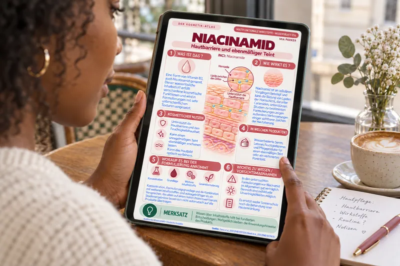 Beispielszene: Das Wissensblatt zu Niacinamid wird auf einem Tablet in einem hellen Café gelesen.